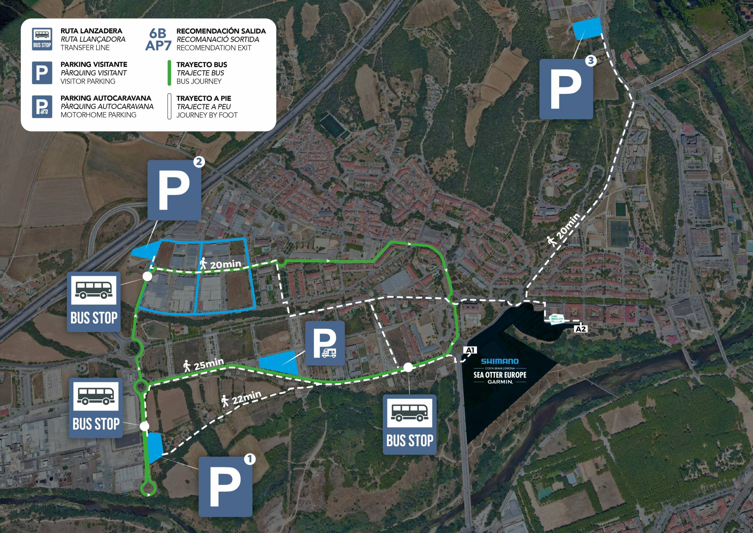 Mapa de situación con las zonas de aparcamiento cerca del festival Sea Otter Europe y ruta del bus lanzadera