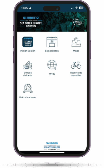 Mockup de la pantalla móvil de la aplicación Sea Otter Europe con las opciones generales disponibles para el público visitante