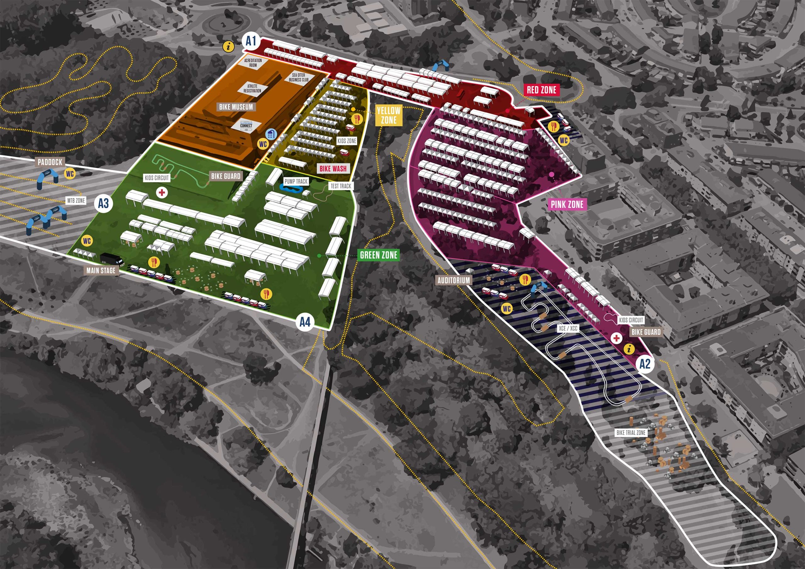 Mapa completo del festival de ciclismo Sea Otter Europe para el público visitante con las entradas y zonas de activaciones del festival
